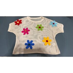 Women Cream Mesh Crochet Knit Top 3D Floral Flower Applique Short Sleeve Small